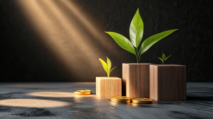 Eco-Friendly Savings Concept with Wooden Blocks, Green Plant, and Gold Coins Illuminated Softly
