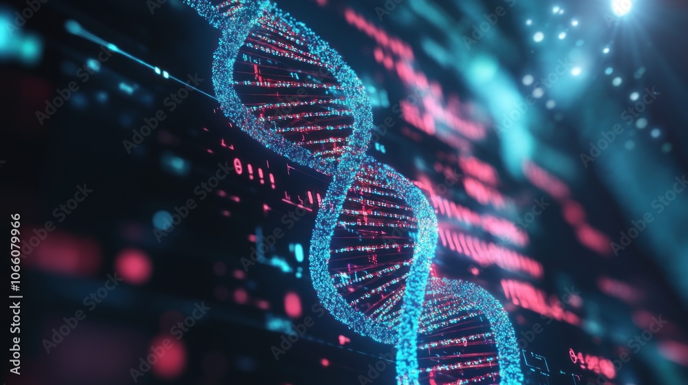 Aufkleber A 3D Rendered DNA Double Helix Composed of Blue and Red Particles