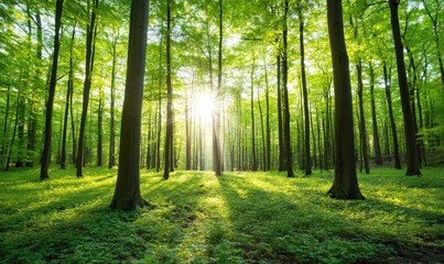 Obraz premium Sunlight streams through lush green forest trees.