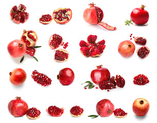 Set of many ripe pomegranates on white background