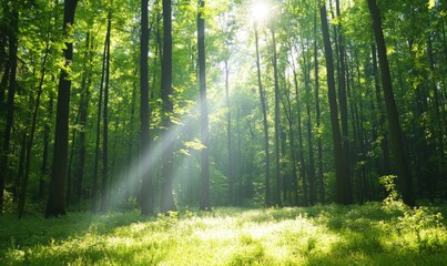 Obraz premium Sunbeams illuminate a lush green forest with tall trees.