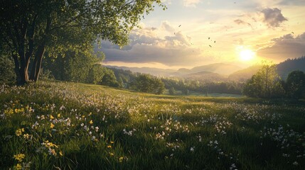 Obraz premium A Sun-Drenched Meadow at Sunset with Birds Flying Over a Hilly Landscape