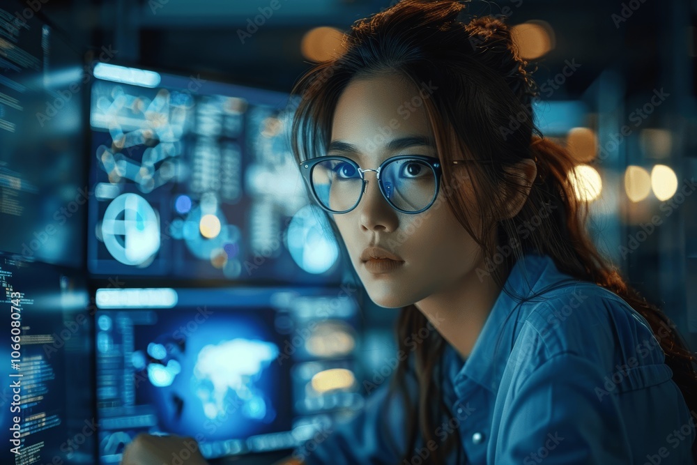 Poster female engineer coding computer ai analysis in high-tech futuristic office