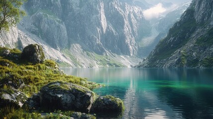 Obraz premium A Tranquil Mountain Lake Nestled Between Majestic Cliffs