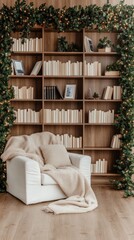 Fototapeta premium This reading nook features a stylish white armchair adorned with a knitted blanket and surrounded by warm winter decorations and a Christmas tree