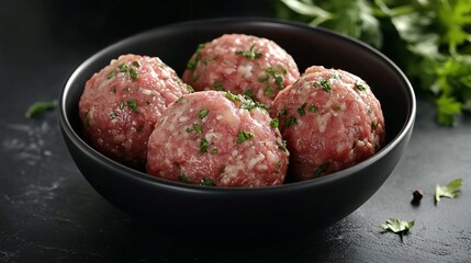 Raw meatballs in a black bowl on a dark background with parsley and peppercorns.