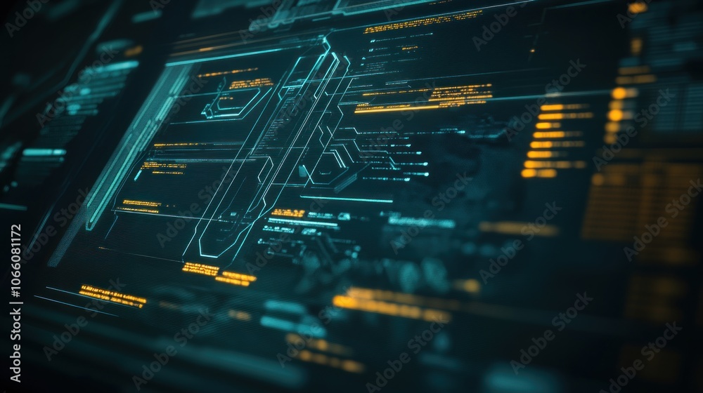 Poster abstract futuristic digital interface with blue and orange glowing lines
