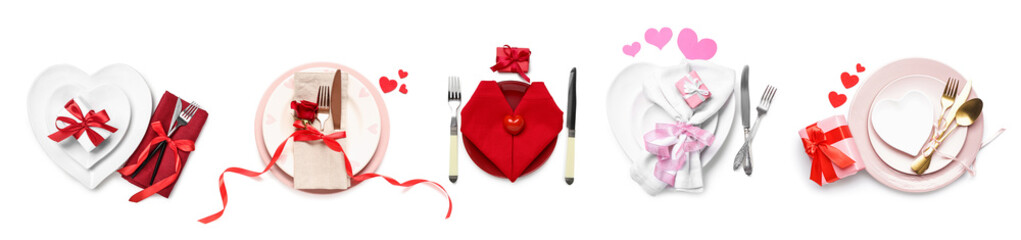 Different table settings for Valentine's Day on white background, top view