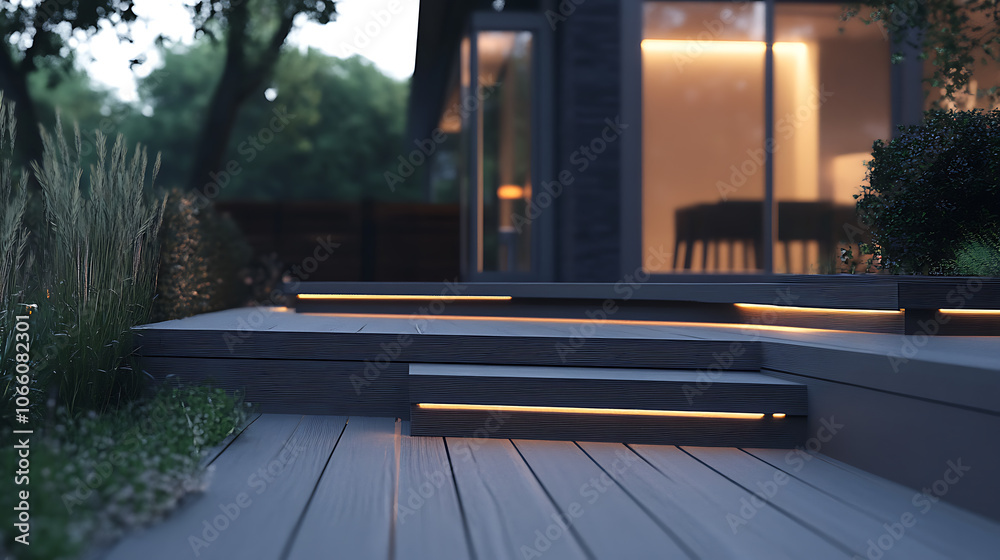 Aufkleber modern composite decking in ash grey featuring two levels with subtle deck lights perfect for contem