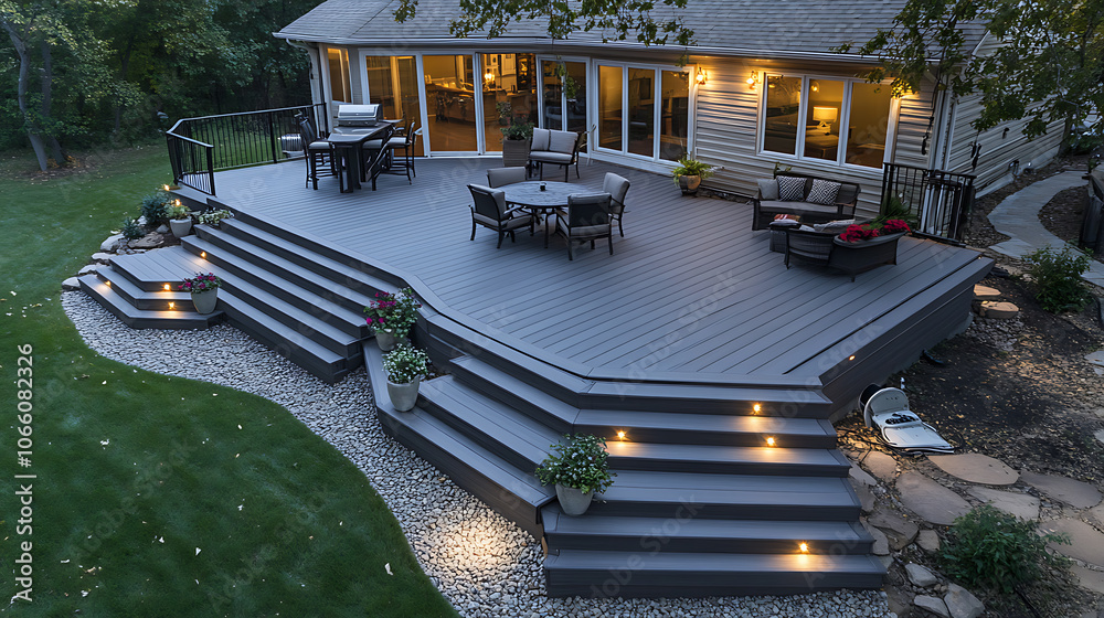 Poster modern composite decking in ash grey featuring two levels with subtle deck lights perfect for contem