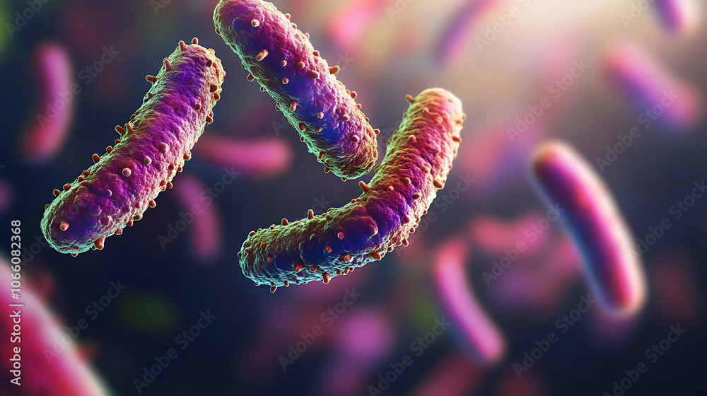 Aufkleber microscopic view of probiotic bacteria featuring colorful elongated microorganisms against a blurred background intricate details highlight the complexity of gut microbiota