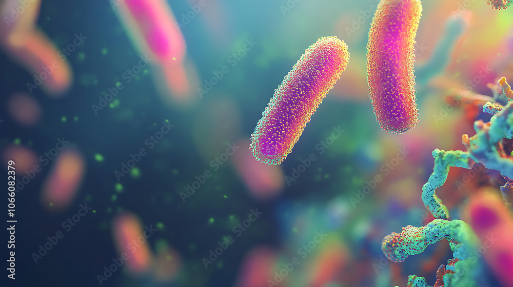 Leinwandbilder microscopic view of probiotic bacteria featuring colorful elongated microorganisms against a blurred