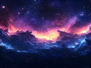 Fototapeta premium A stunning cosmic landscape showcases vibrant purple and blue hues with bright orange accents, depicting a nebula filled with stars and wispy clouds in the universe.
