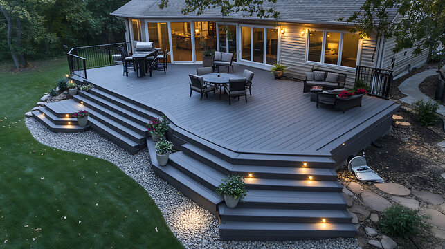 modern composite decking in ash grey featuring two levels with subtle deck lights perfect for contemporary landscape design