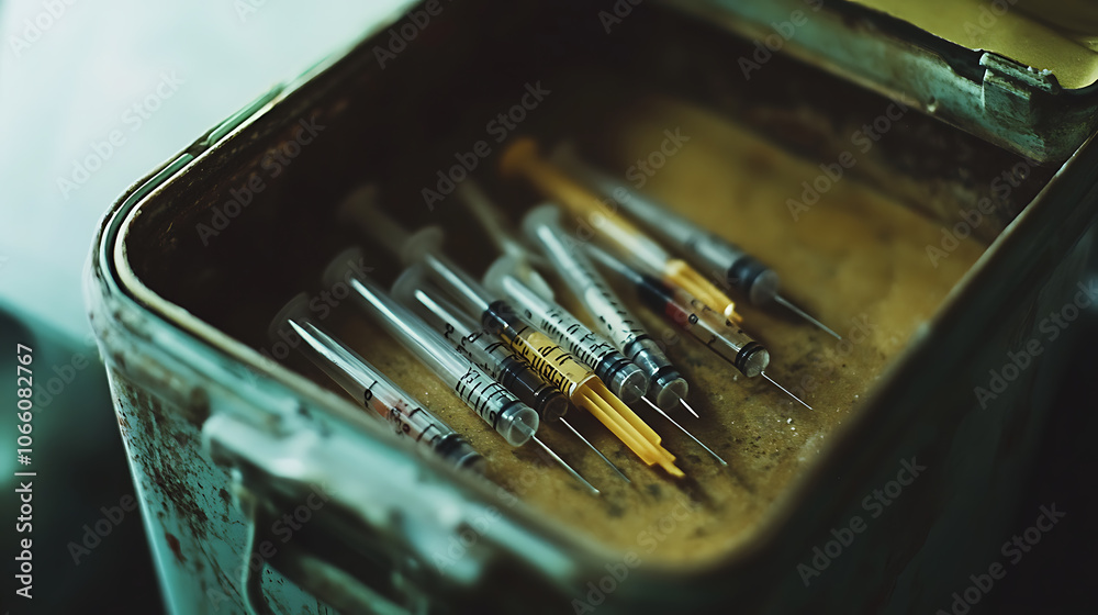 Poster close-up of the sharps container holding used vaccination needles