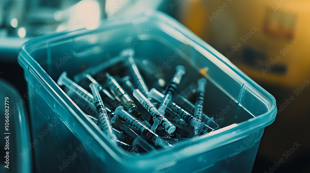 Poster close-up of the sharps container holding used vaccination needles