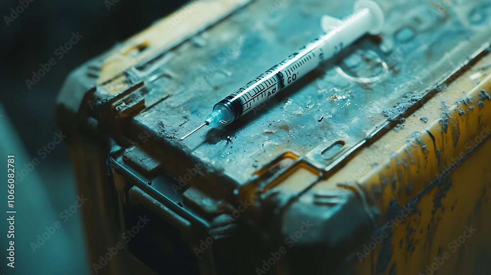 Poster close-up of the sharps container holding used vaccination needles