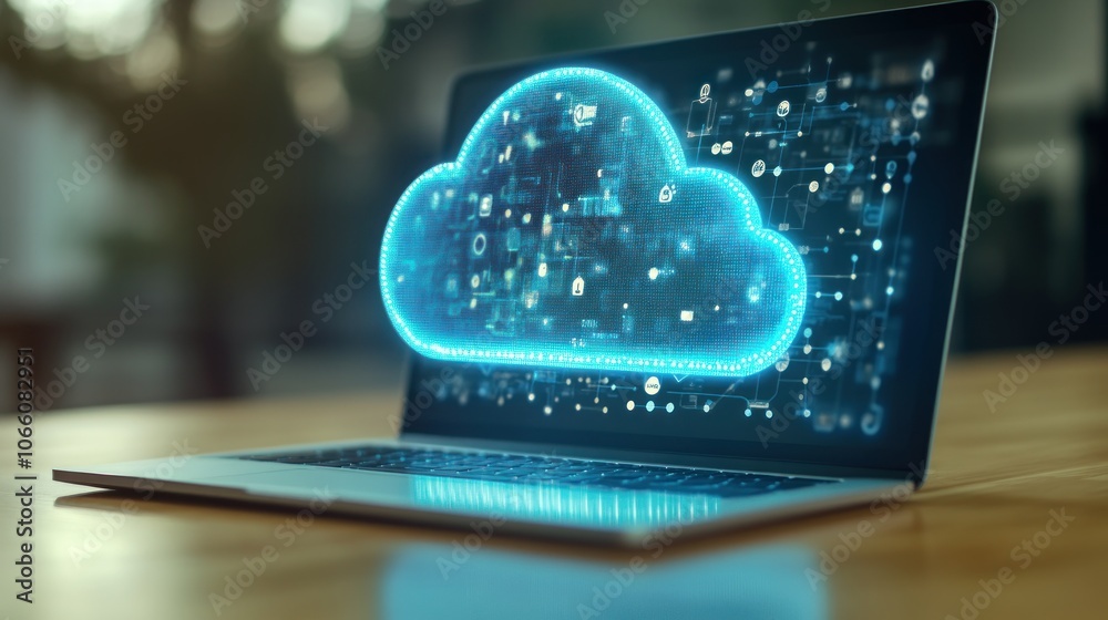 Poster digital cloud computing concept on a laptop screen