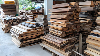 Fototapeta premium Wooden lumber in various sizes piled in piles for floor cornices, building materials for homes, and furniture supplies at Pracha Narumitr Community of Woods Material in Bangkok, Thailand