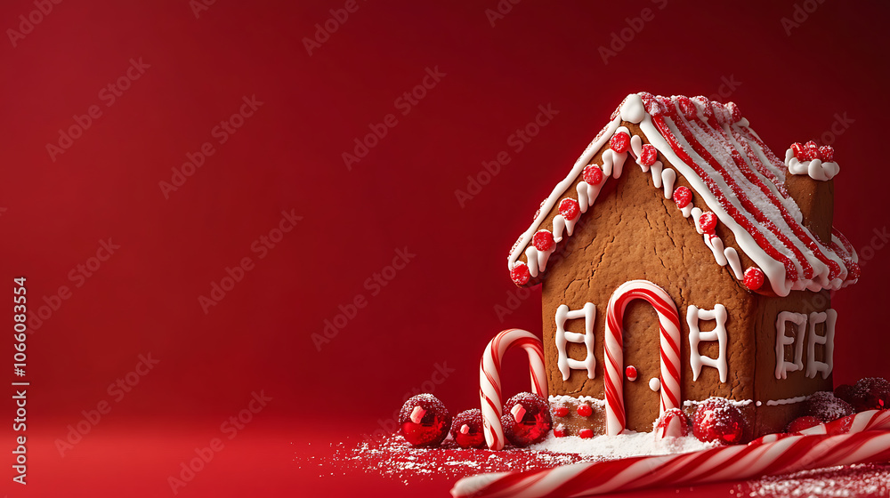 Aufkleber vibrant red background with a gingerbread house and candy canes, space for text on the right side
