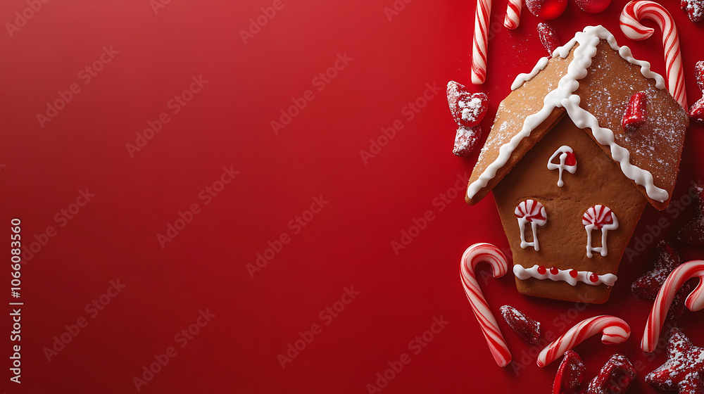 Poster vibrant red background with a gingerbread house and candy canes, space for text on the right side