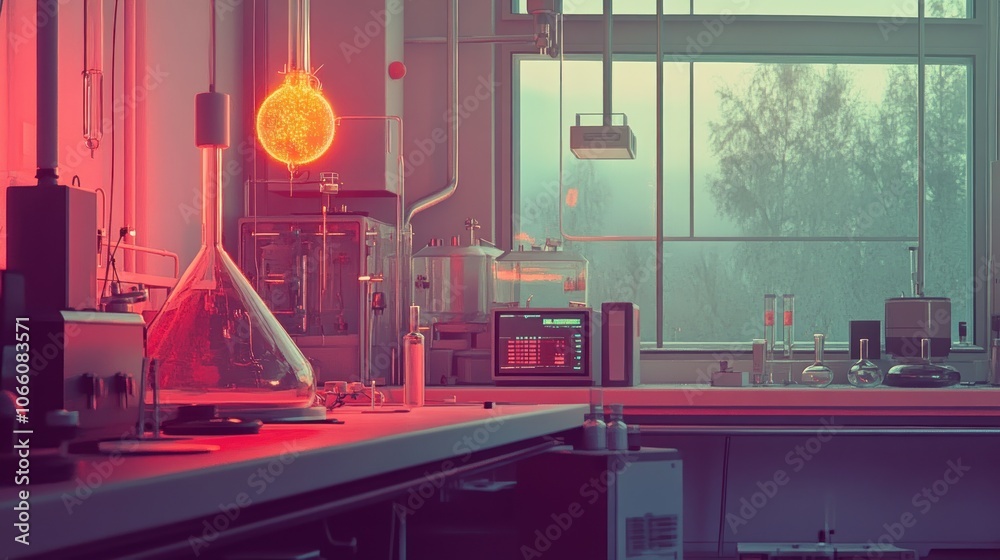 Aufkleber a red-lit laboratory with glassware and a monitor display