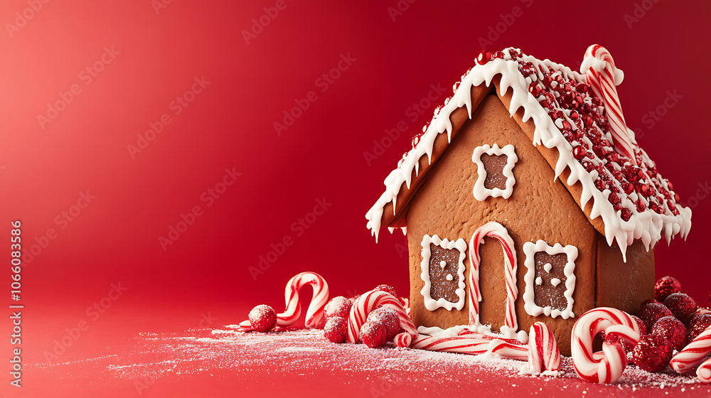Aufkleber vibrant red background with a gingerbread house and candy canes, space for text on the right side