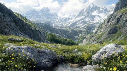 Obraz premium Mountainous Landscape with Stream and Yellow Wildflowers