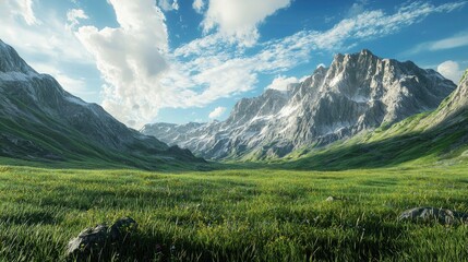 Obraz premium Mountainous Landscape with Verdant Valley and Scattered Flowers