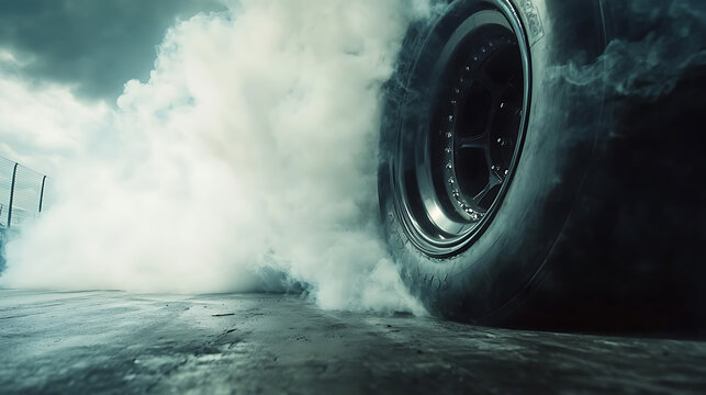 Tires and car burnout wheels emit white smoke, vehicle wheel burnout with tire spinning smoke, Tires are burned by drag car wheels before a race