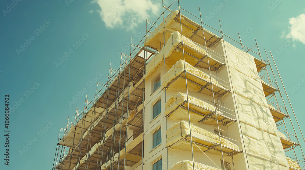 Poster Thermal insulation of a multi-story apartment building using scaffolding and thick slabs of rock mineral wool against a background of the blue sky