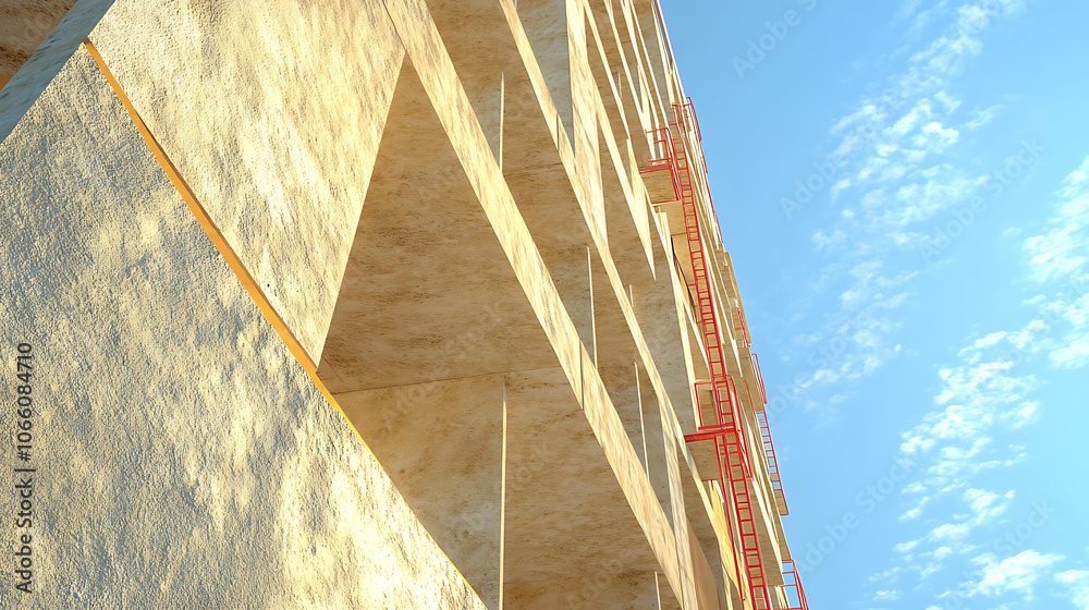 Poster Thermal insulation of a multi-story apartment building using scaffolding and thick slabs of rock mineral wool against a background of the blue sky
