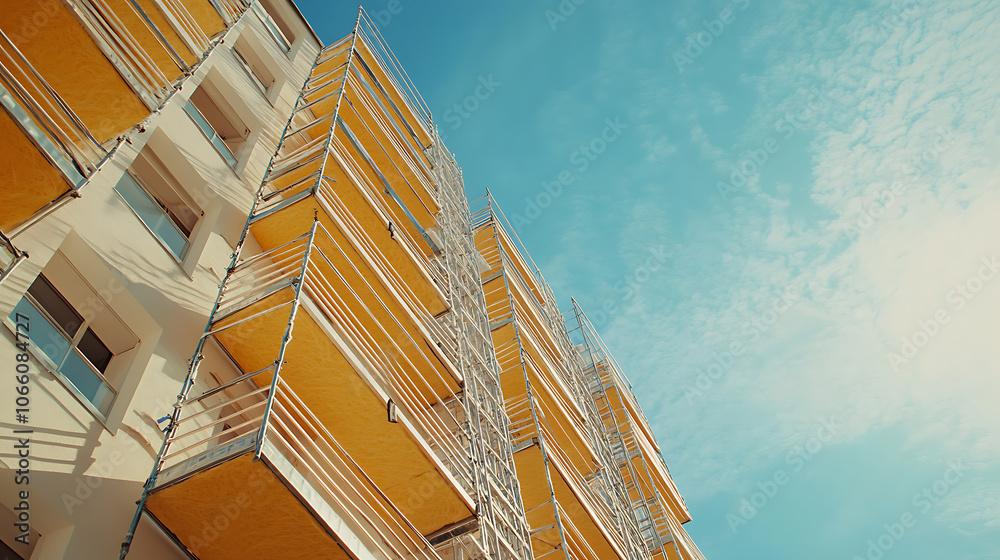 Poster Thermal insulation of a multi-story apartment building using scaffolding and thick slabs of rock mineral wool against a background of the blue sky