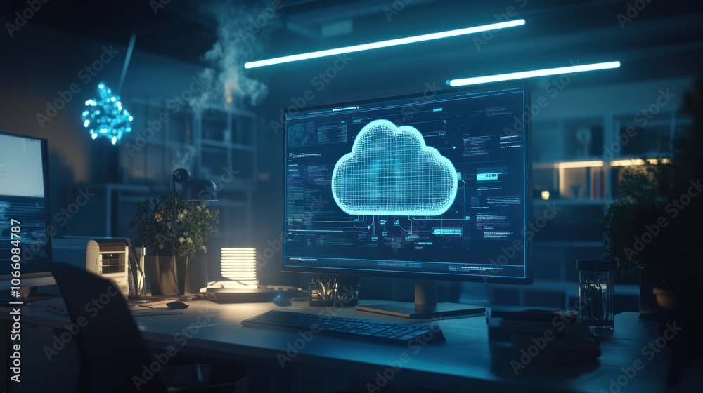 Poster A computer monitor displays a glowing blue cloud network.