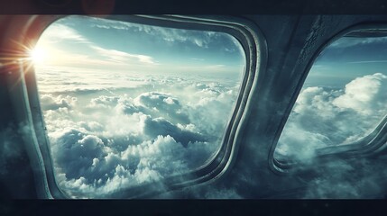 Naklejka premium View from airplane window on blue sky with white clouds