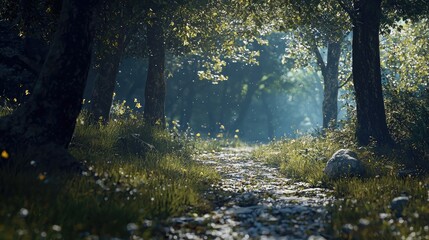 A Sunlit Path Through a Lush, Green Forest