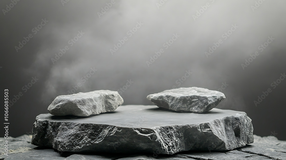 Poster stone podium with rocks and snags on a grey background, ideal for showcasing products with copy spac