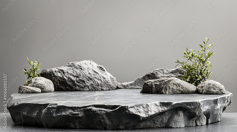 Poster stone podium with rocks and snags on a grey background, ideal for showcasing products with copy spac