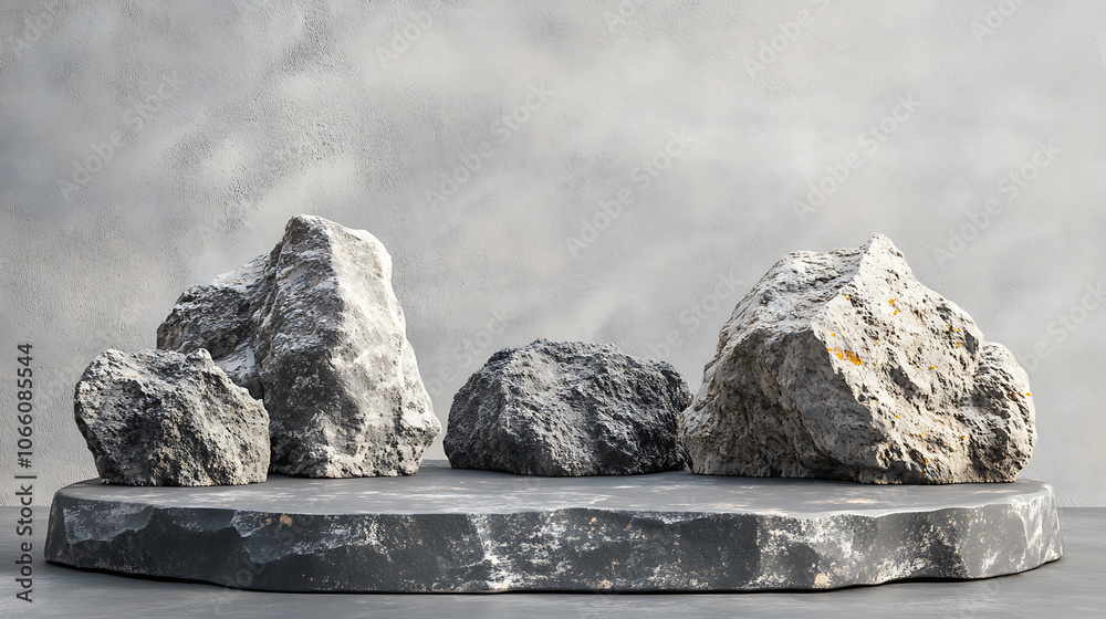 Poster stone podium with rocks and snags on a grey background, ideal for showcasing products with copy spac