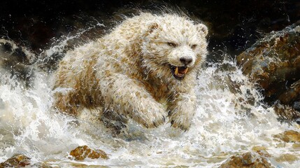 Watercolor Bear in Action at River's Edge