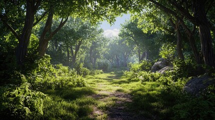 Obraz premium A sunlit path winds through a lush green forest with large trees and vibrant foliage.