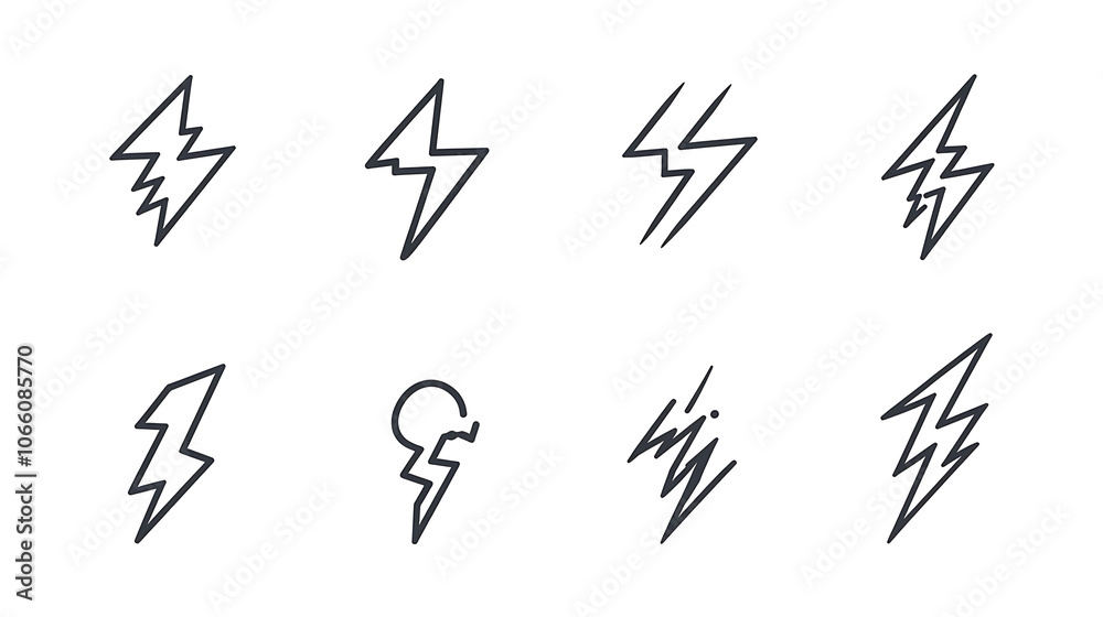Poster set of lightning outline icons, thunderbolts and an electric flash of power, black, thin-line electr