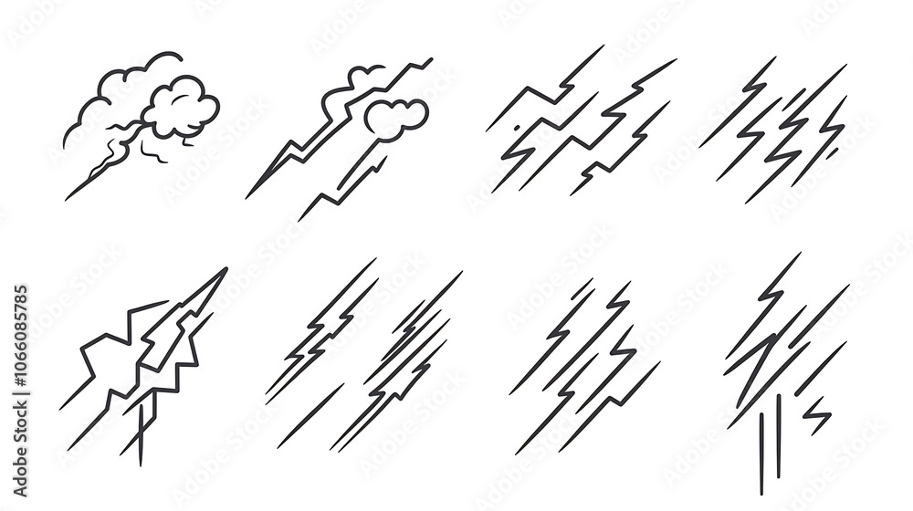 Poster Set of lightning outline icons,  thunderbolts and an electric flash of power, Black, thin-line electrical strikes are accompanied by light and thunder effects during thunderstorms and rain