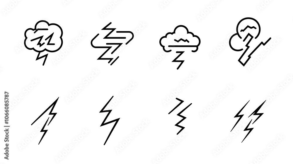 Poster set of lightning outline icons, thunderbolts and an electric flash of power, black, thin-line electr