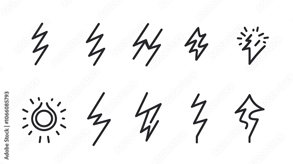 Aufkleber set of lightning outline icons, thunderbolts and an electric flash of power, black, thin-line electr