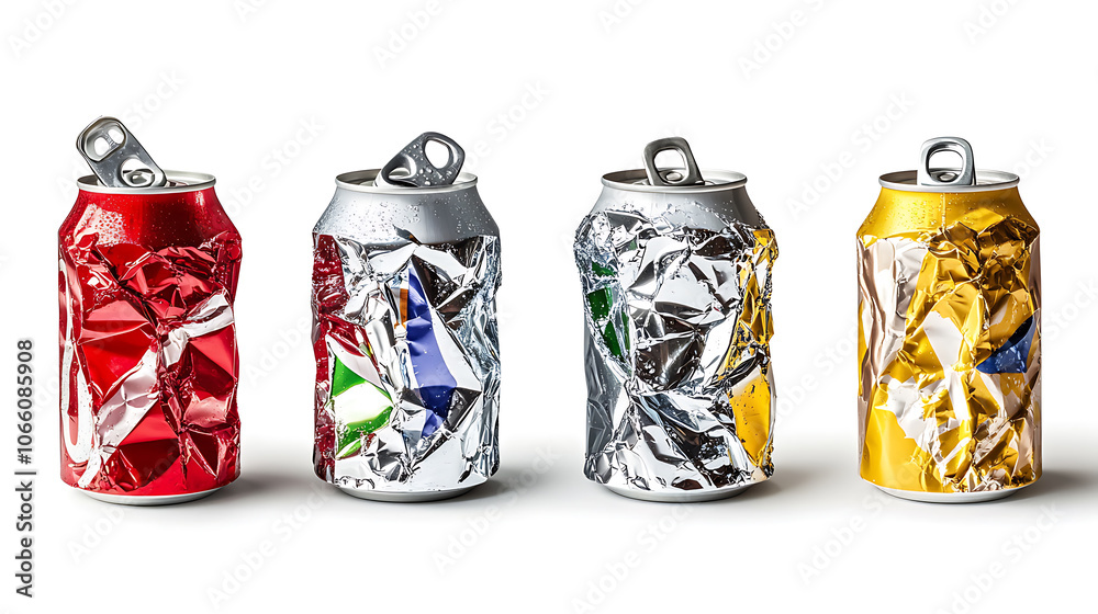 Poster set of crushed energy drink soda cans in different shapes, with a single, isolated cutout object