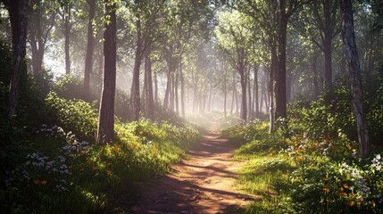 Fototapeta premium A Sunlit Path Through A Misty Forest