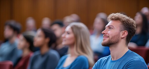 Fototapeta premium Young man in blue shirt listening attentively in a lecture hall, looking up at the speaker.