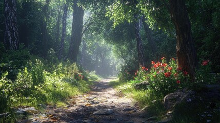 Sunbeams Illuminating a Forest Path with Red Flowers