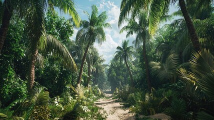 Naklejka premium A Sunlit Path Through a Lush Tropical Forest
